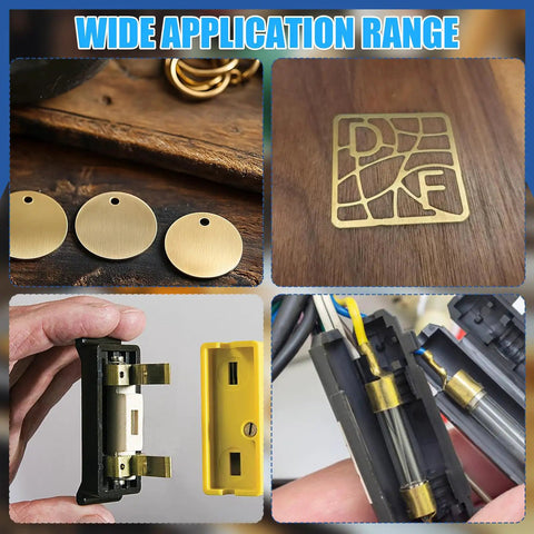 Brass Shim Stock Set in use for DIY projects, with various brass applications and mechanical assemblies shown.