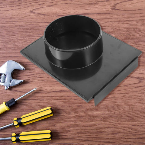 Heavy Duty Plastic Blast Gate, 100mm size, black polymer for dust collection, shown with tools on wooden surface.
