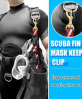 Scuba BC Fin Holder And Mask Clip For Hands Free Diving Gear with quick release loop and dive flag band on wetsuit