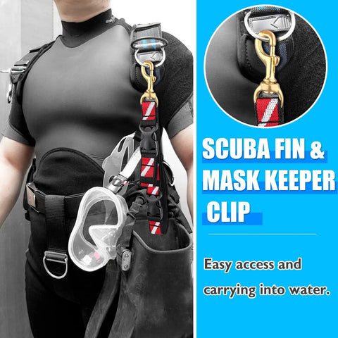 Scuba BC Fin Holder And Mask Clip For Hands Free Diving Gear with quick release loop and dive flag band on wetsuit