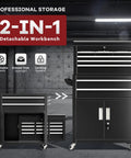 Rolling Tool Chest With Wheels 8 Drawer Metal Tool Cart And Portable Work Bench 2 in 1 Detachable Design With Drawer And Hooks For Garage Workshop Warehouse And Home Shop Heavy Duty Black, front and open views