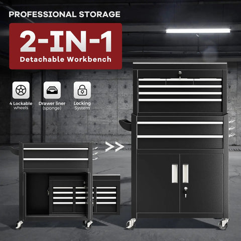 Rolling Tool Chest With Wheels 8 Drawer Metal Tool Cart And Portable Work Bench 2 in 1 Detachable Design With Drawer And Hooks For Garage Workshop Warehouse And Home Shop Heavy Duty Black, front and open views