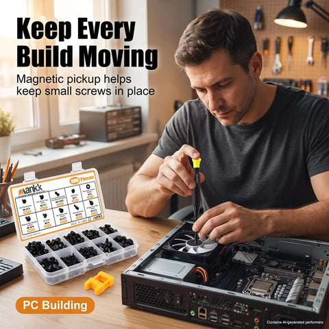 Person using Beefed Up 400 Piece Pc Screw And Standoff Hardware Kit With Heavy Duty Black Zinc Plated Spacers for PC building.