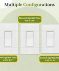 Matte White Single Pole Decorator Paddle Light Switch 15A, 10 Pack, multiple wall plate sizes shown