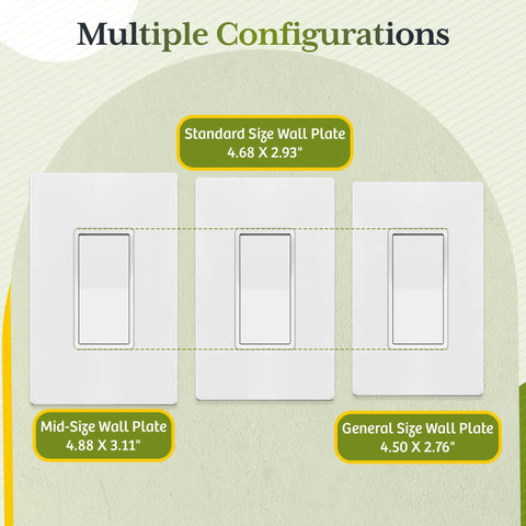 Matte White Single Pole Decorator Paddle Light Switch 15A, 10 Pack, multiple wall plate sizes shown
