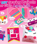 Colorful DIY Felt Sewing Kit For Kids Aged 5 To 10 7 Easy Projects Like Fox Bag, Unicorn Pillow, Owl Organizer, Cow Pencil Case displayed