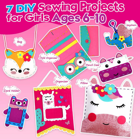 Colorful DIY Felt Sewing Kit For Kids Aged 5 To 10 7 Easy Projects Like Fox Bag, Unicorn Pillow, Owl Organizer, Cow Pencil Case displayed