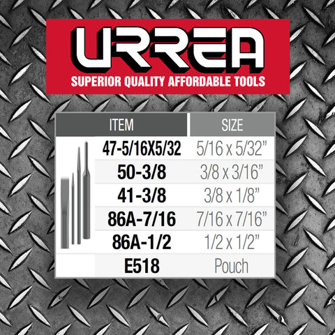 5 Piece Striking Tool Set With Chisels, Drift Pins And Punches, Black Oxide Coating size chart