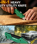 All Metal Utility Knife Retractable Heavy Duty Aluminum Body For Durable Cutting, Locking Blade, Pro Grade Box Cutter For Construction, Carpentry, And DIY Projects, Built To Withstand Drops And Tough Jobs on wood and glass