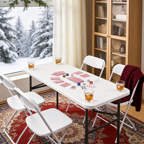 Heavy Duty 4ft Folding Table With Steel Legs set for cards, surrounded by chairs, in a cozy indoor setting with winter view