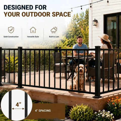 Hella Tough Deck Railing Kit With Reinforced Posts For Patios And Stairs Meets Building Codes, 36 inch high black steel railing on deck.