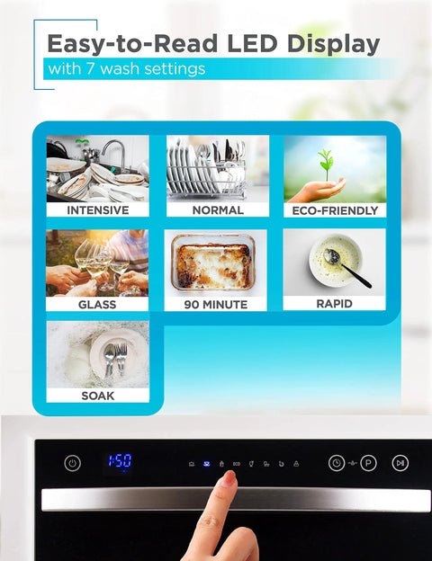 No Sweat Countertop Dishwasher Featuring Seven Heavy Duty Cycles And Certified Energy Star Efficiency For Quick Clean Rounds And Studio Apartment Layouts In Crisp White, showing easy-to-read LED display with wash settings.