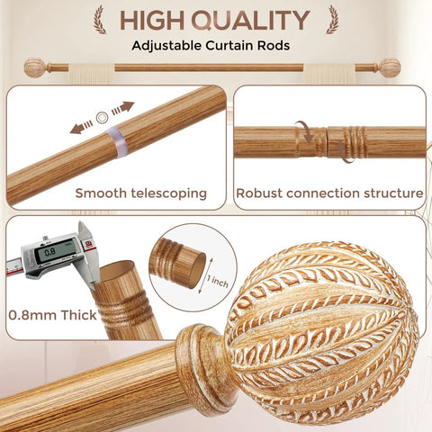 Wood Curtain Rod 1 Inch Diameter Adjustable 30 To 88 Inches Heavy Duty Rustic Farmhouse Drapery Rod With Boho Imitation Wheat Pattern Finials And Hand Painted Wood Grain Finish Light Wood detail