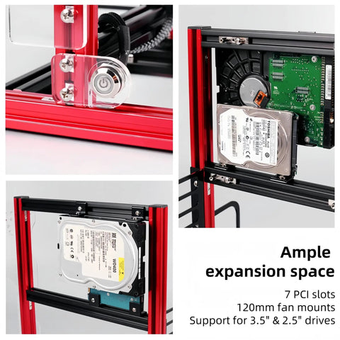 Open Air Aluminum PC Frame Test Bench for ITX ATX MATX Builds showing expansion space and drive mounts.
