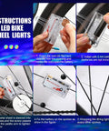 Instructions for installing Disco Bike LED Light Kit 4 Pack with 2 wheel lights, battery insertion, and attachment to bike spokes.