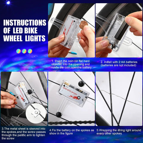 Instructions for installing Disco Bike LED Light Kit 4 Pack with 2 wheel lights, battery insertion, and attachment to bike spokes.