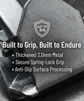 Close-up of Metal Mop Head Holder Clamp With Screws For Quick Replacement, thick metal construction and spring-lock grip.