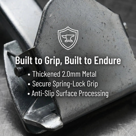 Close-up of Metal Mop Head Holder Clamp With Screws For Quick Replacement, thick metal construction and spring-lock grip.