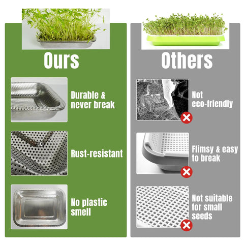 Comparison of 2 Pack Stainless Steel Seed Sprouter Trays with others showing durability, rust resistance, and eco-friendliness advantages.