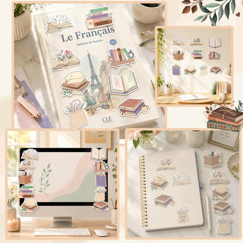 60 Pcs Book Lover Sticky Notes Set With 10 Cute Designs on desk, notebook, and monitor, ideal for book club folks and reading fans
