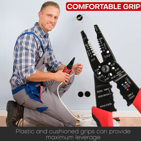 Electrician using Wire Stripper Cutter And Stripping Tool 8 Inch Multi Function Hand Tool with ergonomic handle on wire.