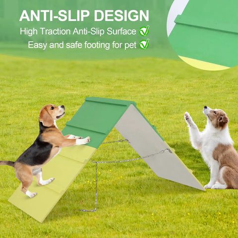 Dog Agility A-Frame Ramp for Backyard Training Non Slip Outdoor Agility Equipment 74.8 by 18.9 Inch with dogs climbing