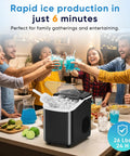 Portable Countertop Ice Maker With Handle Serving Up Fresh Bullet Ice In Under Ten Minutes Delivering Twenty Six Pounds Daily, ice ready in 6 minutes.