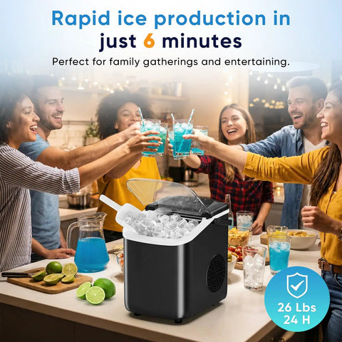 Portable Countertop Ice Maker With Handle Serving Up Fresh Bullet Ice In Under Ten Minutes Delivering Twenty Six Pounds Daily, ice ready in 6 minutes.