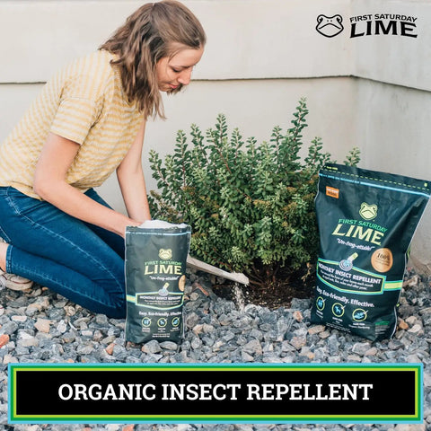 Person applying Lime Insect Deterrent 20Lb Outdoors Pest Barrier Natural Garden Repellent near garden plants for pest control