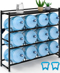 Heavy Duty 4 Tier Water Jug Rack With Top Shelf Holds Up To Nine 5-Gallon Bottles, Space Saving Storage For Garage, Shop, Man Cave, Or Home, Keeps Your Water Station Neat And Ready, black steel rack with 9 blue water jugs