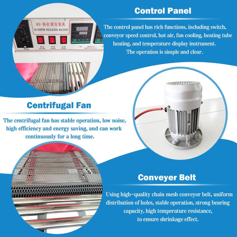 Built Tough Semi Automatic Plastic Film Sleeve Sealing Machine And Heat Shrink Packager With Smart Temp Controls, showing control panel and conveyor belt.