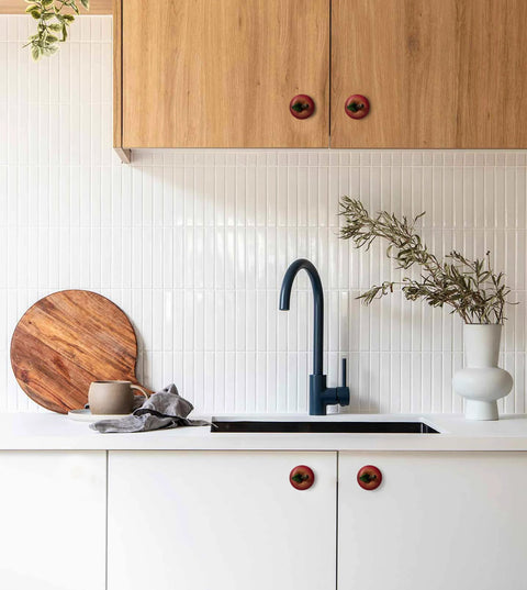 Modern kitchen with wooden cabinets showcasing Fall Decor Harvest Apple Drawer Pulls Set Of 6 Hand Painted Resin Cabinet Knobs And Handles.
