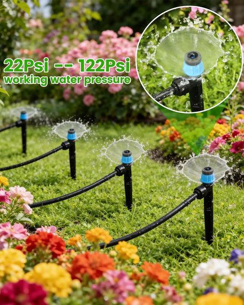 36 Pack Quick Connect Drip Irrigation Emitters With Adjustable 360 Degree Sprinklers And 6 Inch Stakes in garden