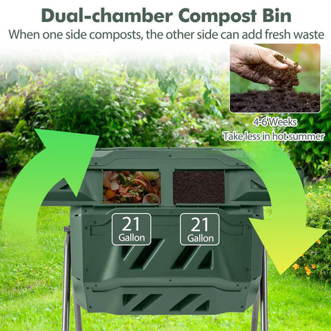 Dual Chamber 42 Gal Compost Tumbler With Sliding Doors 360 Degree Tumbling No Fuss Backyard Composting Metal Frame BPA Free Large Rotating Bin For Your Backyard Garden Waste Easy Aeration And Nonstop Composting Green