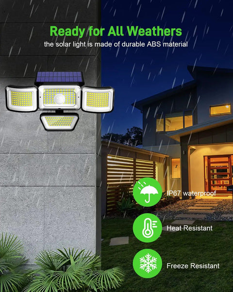 Solar Motion Sensor Outdoor Lights 278 LED 3000 Lumen IP65 near house wall, showing waterproof and weather-resistant features