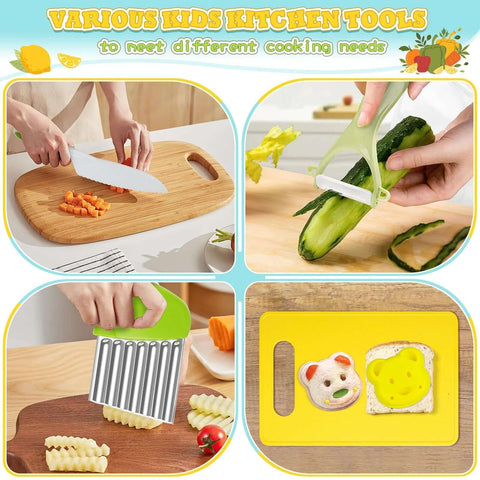 15-piece Montessori kids kitchen tool set with wooden toddler knife, plastic peeler, crinkle cutter, cutting board