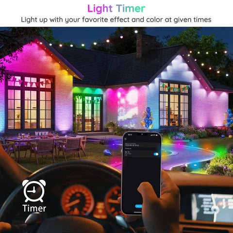 Dope 20 Pack LED Deck Lights Kit 1.77 Inch RGBW IC illuminating a house exterior with app control from a car