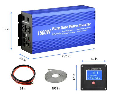 Straight Up Reliable Pure Sine Wave Power Inverter DC 12V To AC 110V 1500W with dual sockets and LCD remote control.
