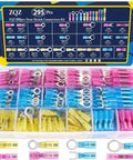 No Sweat Heavy Duty Heat Shrink Wire Connector Assortment Kit featuring 295 pieces of assorted ring, butt, and fork terminals in a durable box.