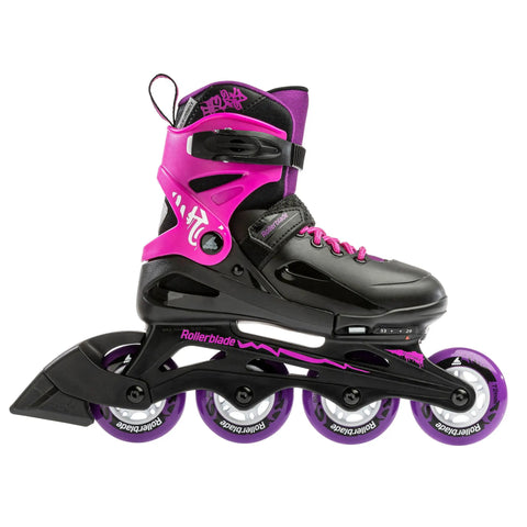 Junior Adjustable Inline Skate For Fitness With Breathable Molded Boot, Push Button Size Adjustment Up To Four Full Sizes, Black/Pink