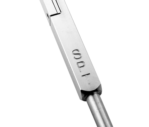 Close-up of Premium Brazed Carbide Parting And Grooving Tool For Wood Turning Lathe with engraved SPT on aluminum handle.