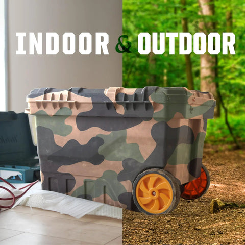 Camouflage storage bin indoors and outdoors showcasing versatility with visible green and brown army patterns.