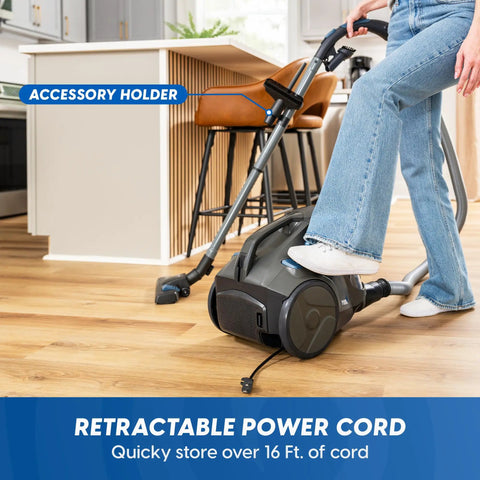 Quiet Bagless Canister Vacuum With Kickass Suction For Whole Home Cleaning, featuring accessory holder and retractable power cord.