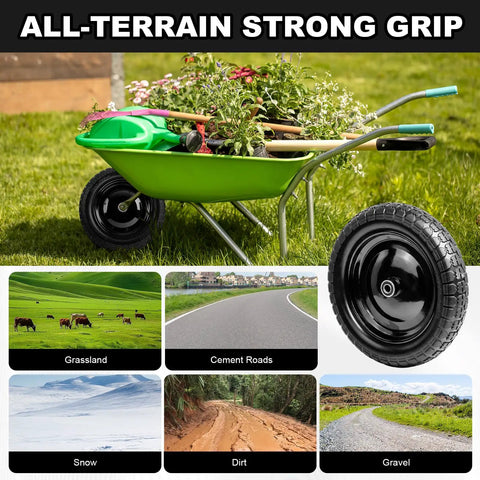 Flat Free Wheelbarrow Tire 14.5 Inch No Flat 4.80 4.00 8 Size on green wheelbarrow carrying gardening tools and flowers