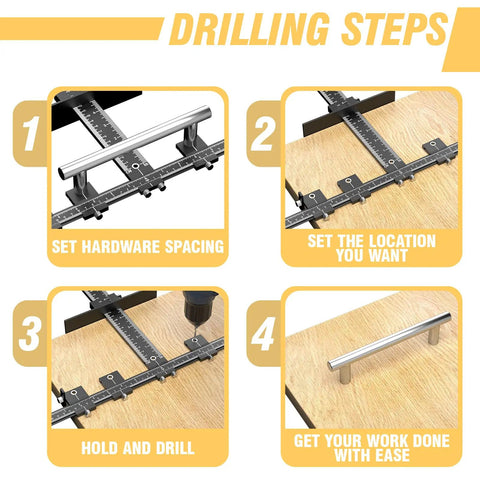 Kick Butt Cabinet Hardware Drill Jig Kit Featuring Detachable 32 Inch And 16 Inch Wood Drill Guide For Drawer Pulls Cabinetry setup steps with hardware spacing.