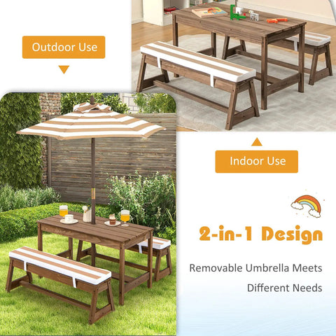 Kid Approved Outdoor Picnic Table Set With Cushioned Benches, Built In Umbrella, Wood Toddler Table for Indoor and Outdoor Use.