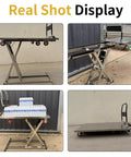Rock Solid Heavy Duty Electric Hydraulic Scissor Lift Table Cart 660 Pounds Capacity Premium Stainless Steel Platform shown in multiple angles with water bottles.