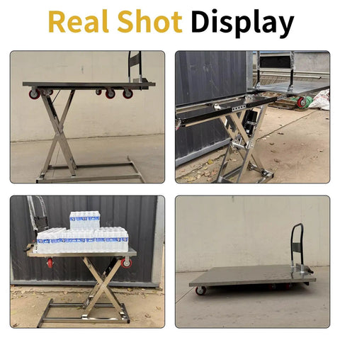 Rock Solid Heavy Duty Electric Hydraulic Scissor Lift Table Cart 660 Pounds Capacity Premium Stainless Steel Platform shown in multiple angles with water bottles.