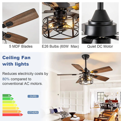 Rustic 42-Inch Farmhouse Ceiling Fan With Cage Light And Remote Dual Finish Black Walnut Blades Noiseless Go-To 5-Blade Design