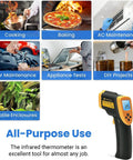 Infrared Temperature Gun With 16 To 1 Distance To Spot Ratio Non Contact Laser Thermometer -58℉ To 1382℉ Digital IR Tool in use for cooking, baking, maintenance, DIY, and more.